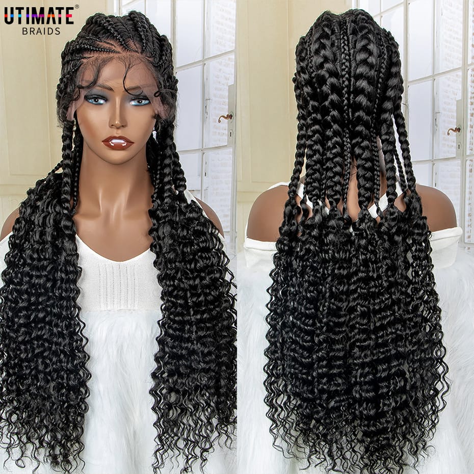 New Arrival Curly Synthetic Lace Frontal Box Braided Wigs 28 Inches Long Natural Curly Hair with Baby Hair for Black Women