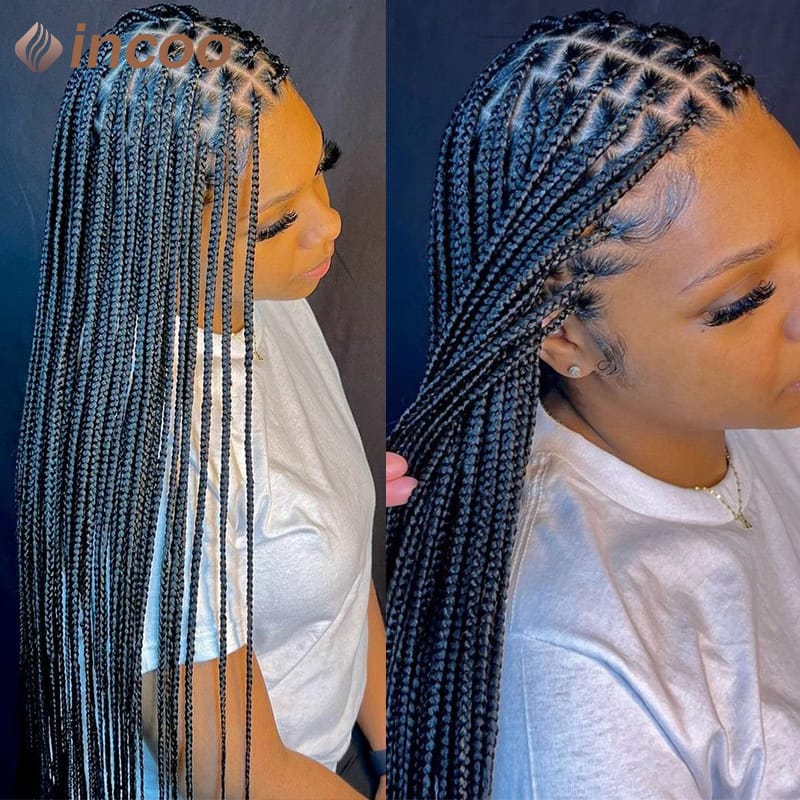 36" Full Lace Box Braided Wigs Synthetic Braided Wigs for Black Woman Cornrow Knotless Box Braids Wig African Square Hair Wigs