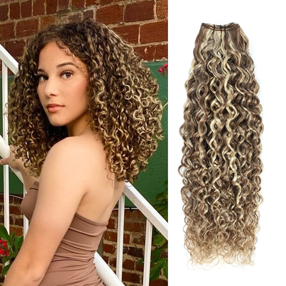 SOVO Honey Blonde Water Wave Human Hair Extensions 100G Highlight P6/613 Natural Wet and Wavy Peruvian Curly Hair Weave Bundles