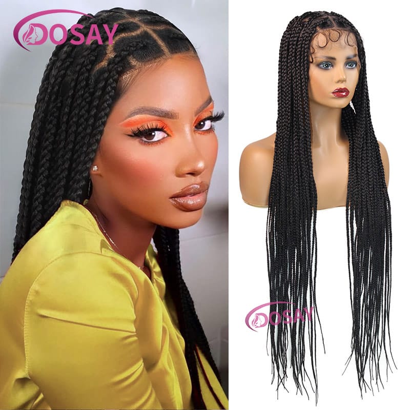 36" Knotless Synthetic Box Braided Wigs for Women Heart and Round Braids Wig Full Double Lace Braid Wigs with Baby Hair African