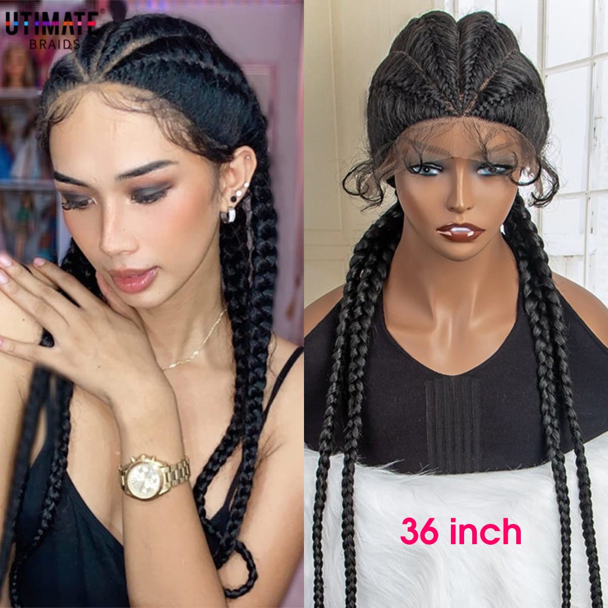 Box Braided Lace Frontal Wig 36 Inches Long Dutch Braided Synthetic Wigs with Baby Hair for Black Women Box Braid Wigs