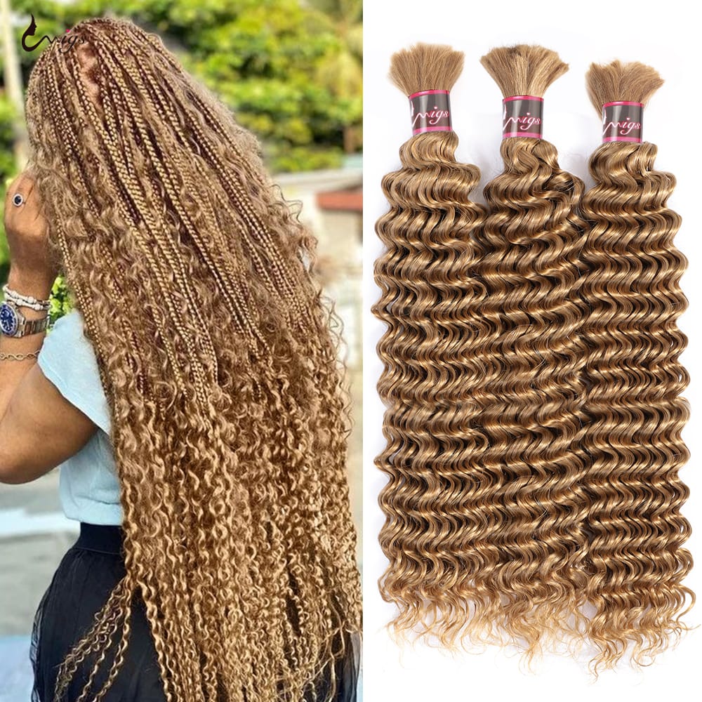 Uwigs Braiding Hair 27# Honey Blonde Bulk For Braiding Brazilian Deep Wave No Weft Human Hair Colored Remy Hair Extensions