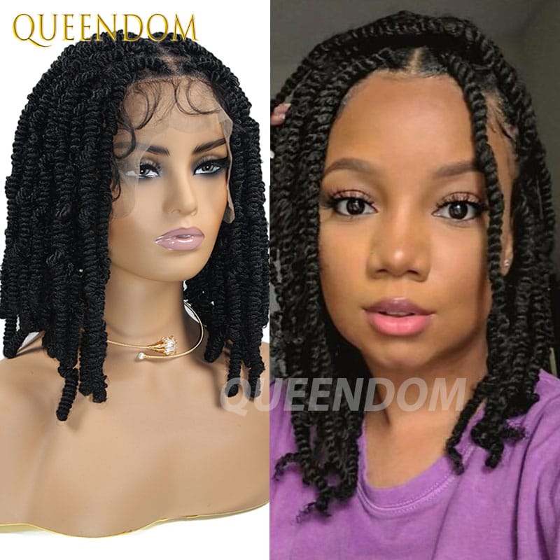 360 Full Lace Afro Spring Twist Crochet Hair Braided Wigs For Black Women Spiral Curls Braiding Wig Short Bob 12" Box Braids Wig