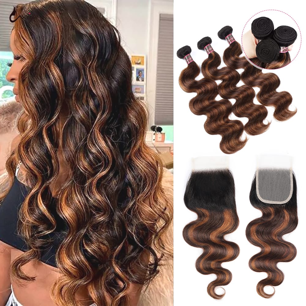 FB 30 Body Wave Bundles With Closure Highlight Brazilian Human Hair Extension Bundles With 4x4 Closure Ombre Brown Bundles Hair