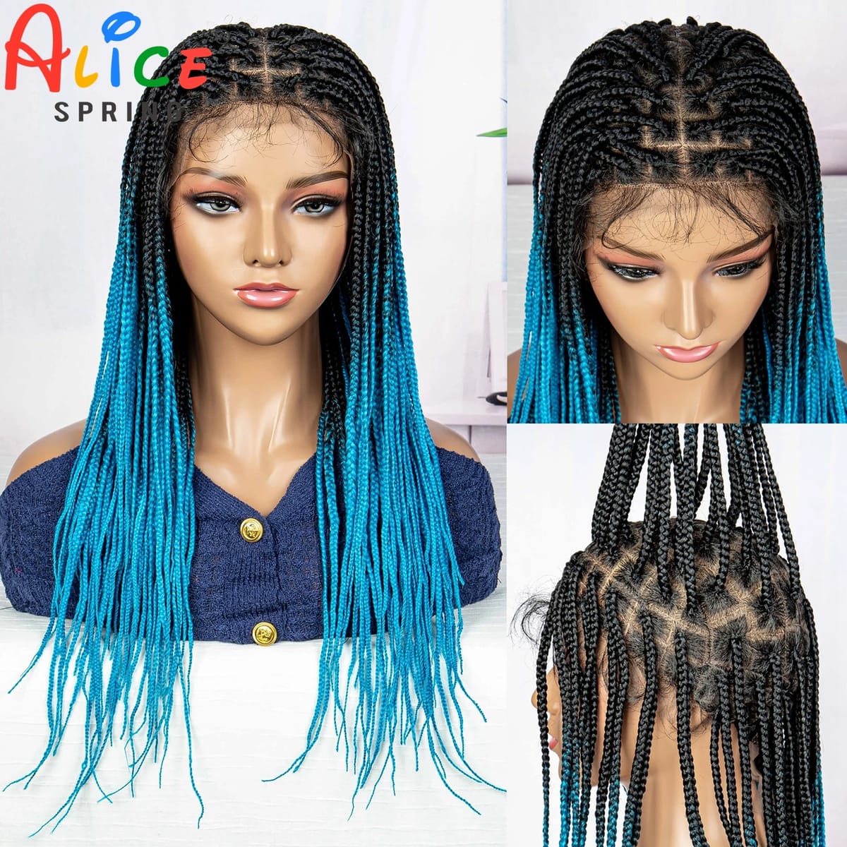 Full Lace Braided Wigs Blue Synthetic Transparent Lace Front Wig for Black Women 24 Inch Square Knotless Box Braiding Hair Wigs