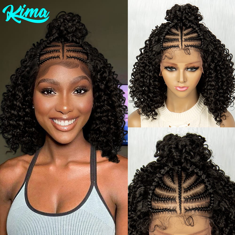 KIMA Synthetic Curly Bob Braided Wig 16 inches 13*4  Lace Front Wigs Cornrow Braids with Baby Hair Braiding Wigs