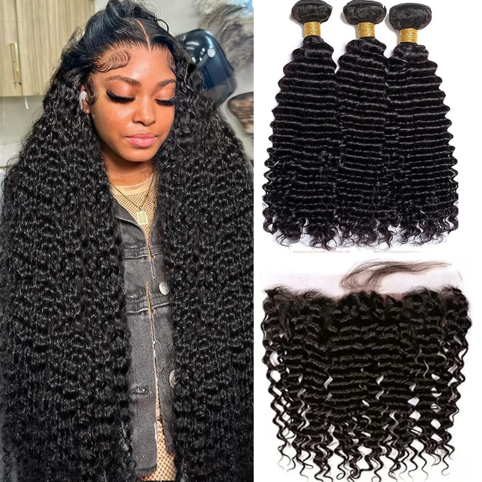 Deep Wave Human Hair Bundles With 13x4 Transparent HD Lace Frontal Brazilian Extensions Weave 3 4 Bundles With Closure for Women
