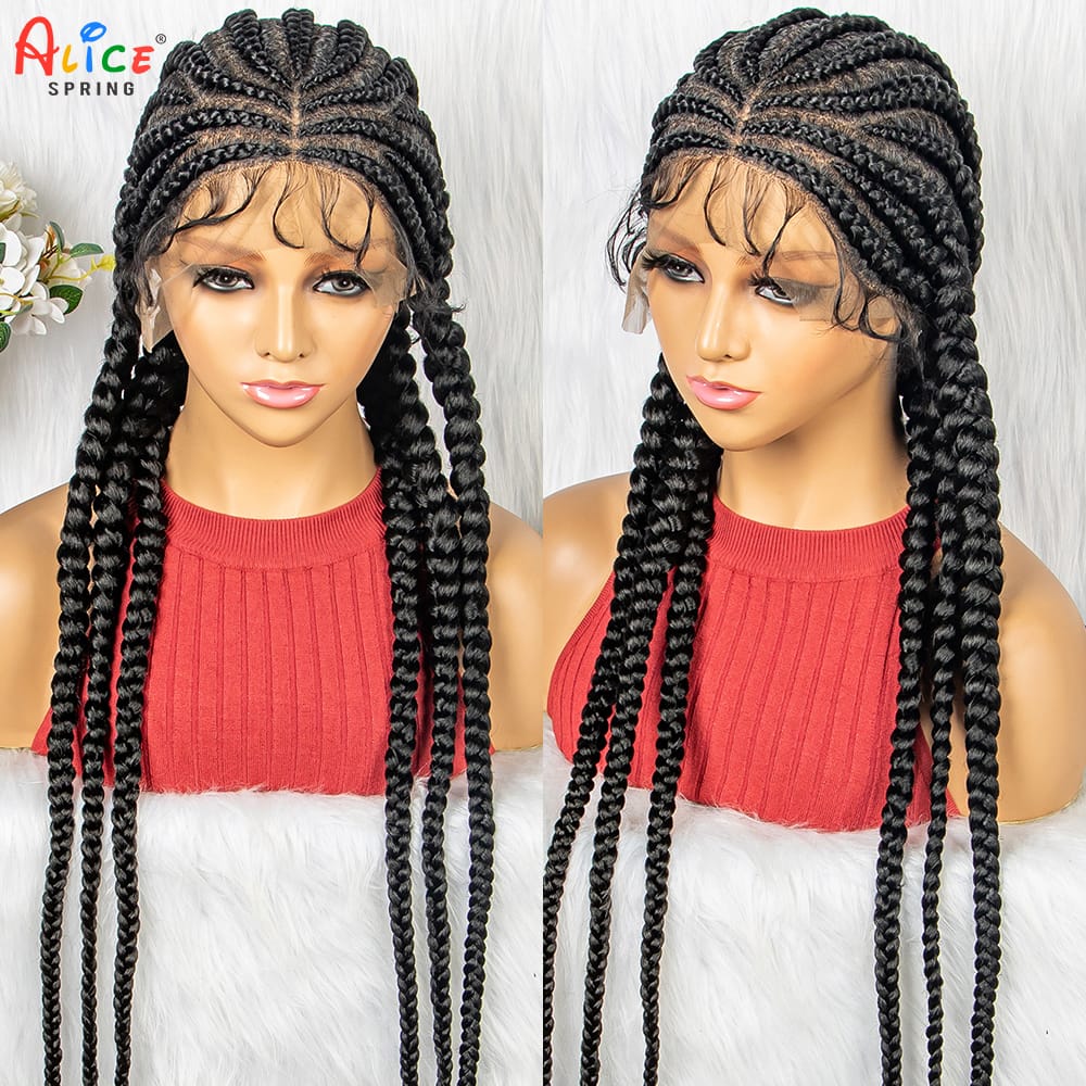36inch Natural Handmade Cornrow Braided Wigs Synthetic Transparent Full Lace Braided Lace Wig with Baby Hair for Black Women