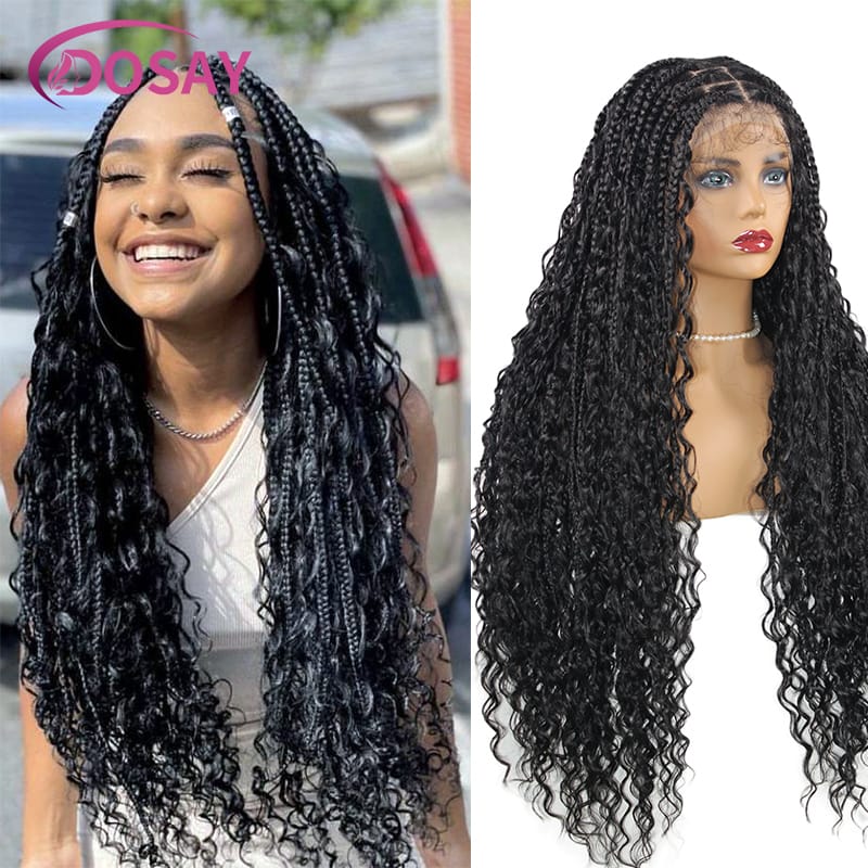 32" Synthetic Braided Wigs Blonde 613 Full Lace Pelucas Square Knotless With Curly Ends  Braids Hair Extensions For Femme
