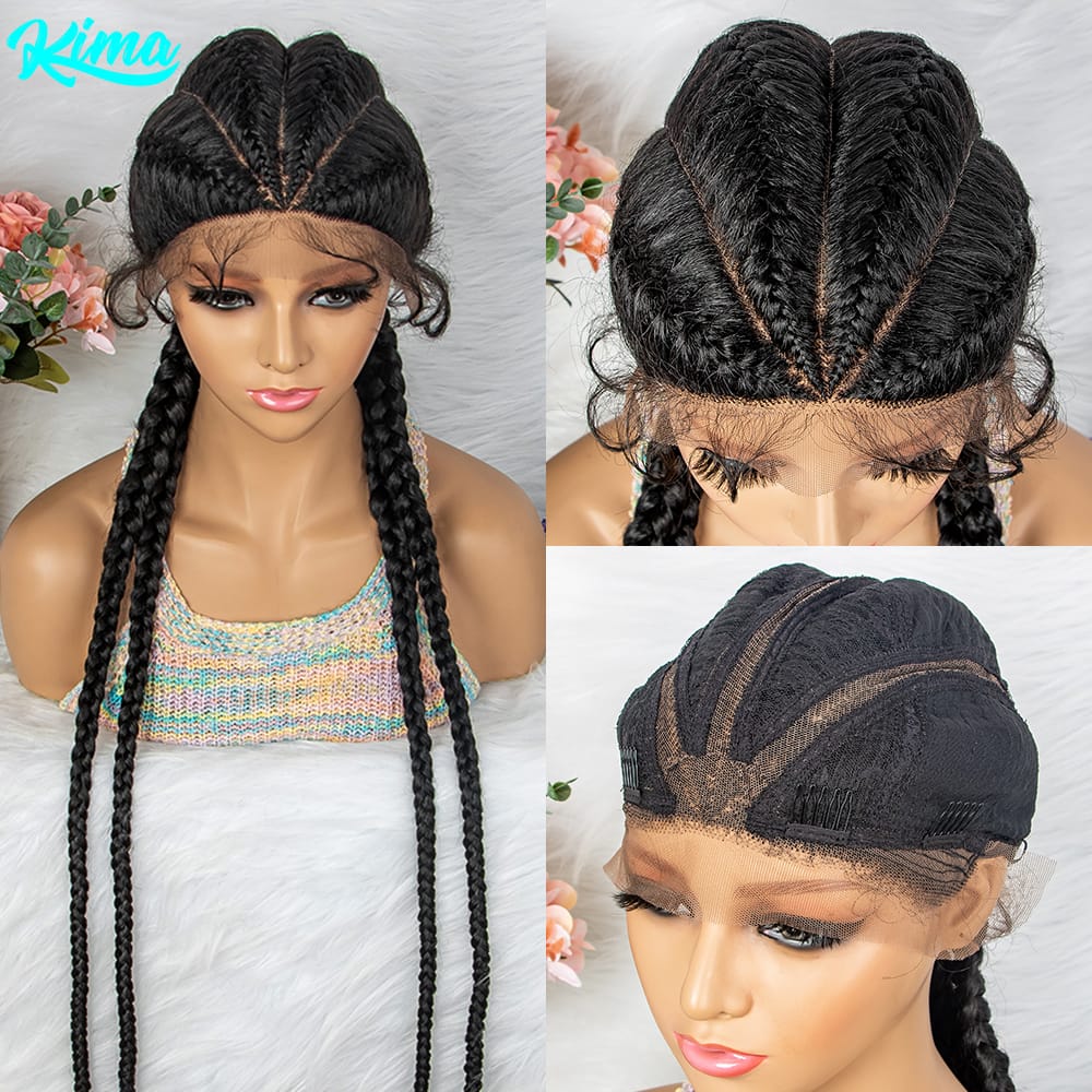 36 Inches Long Lace Front Synthetic Braided Wigs Lace Front Dutch Four Cornrow Braids  Wig With Baby Hair for Black Women