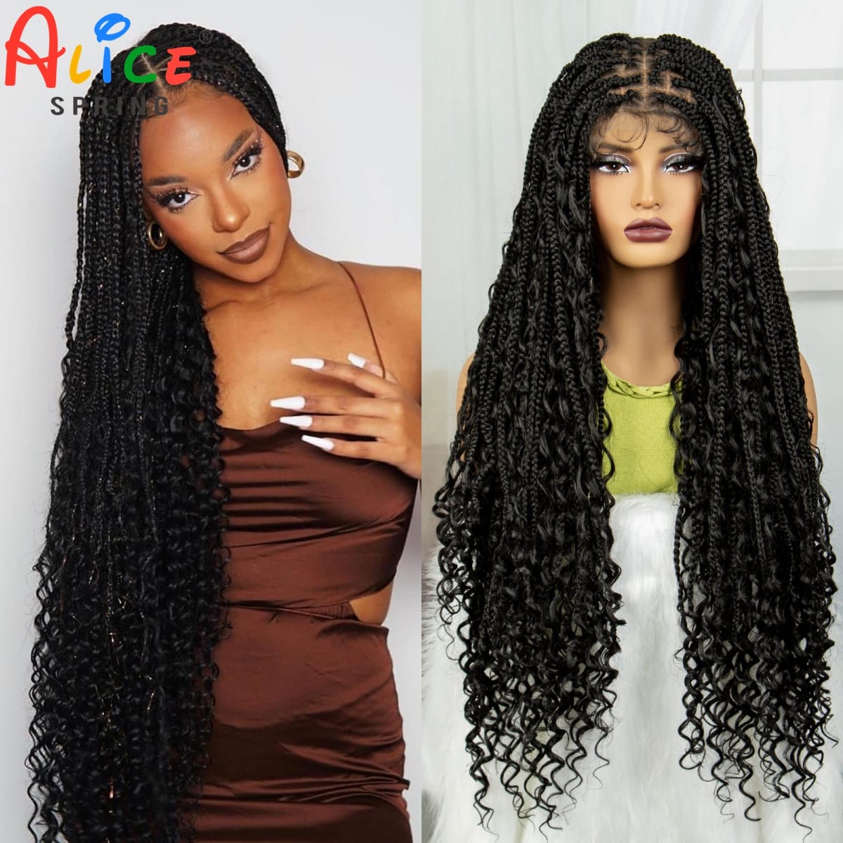 Full Lace Braided Wigs with Curly Ends Synthetic Knotless Box Braided Wigs with Baby Hair for Women Handmade Braided Lace Wig