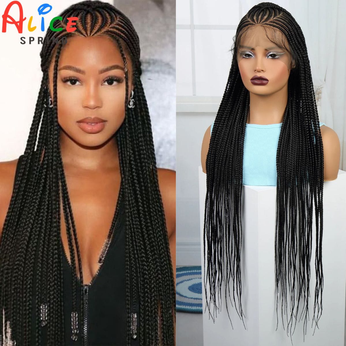 Natural 36 Inches Straight Synthetic Braided Wigs Lace Braided Wig Synthetic Cornrow Braids Wigs With Baby Hair for Black Woman