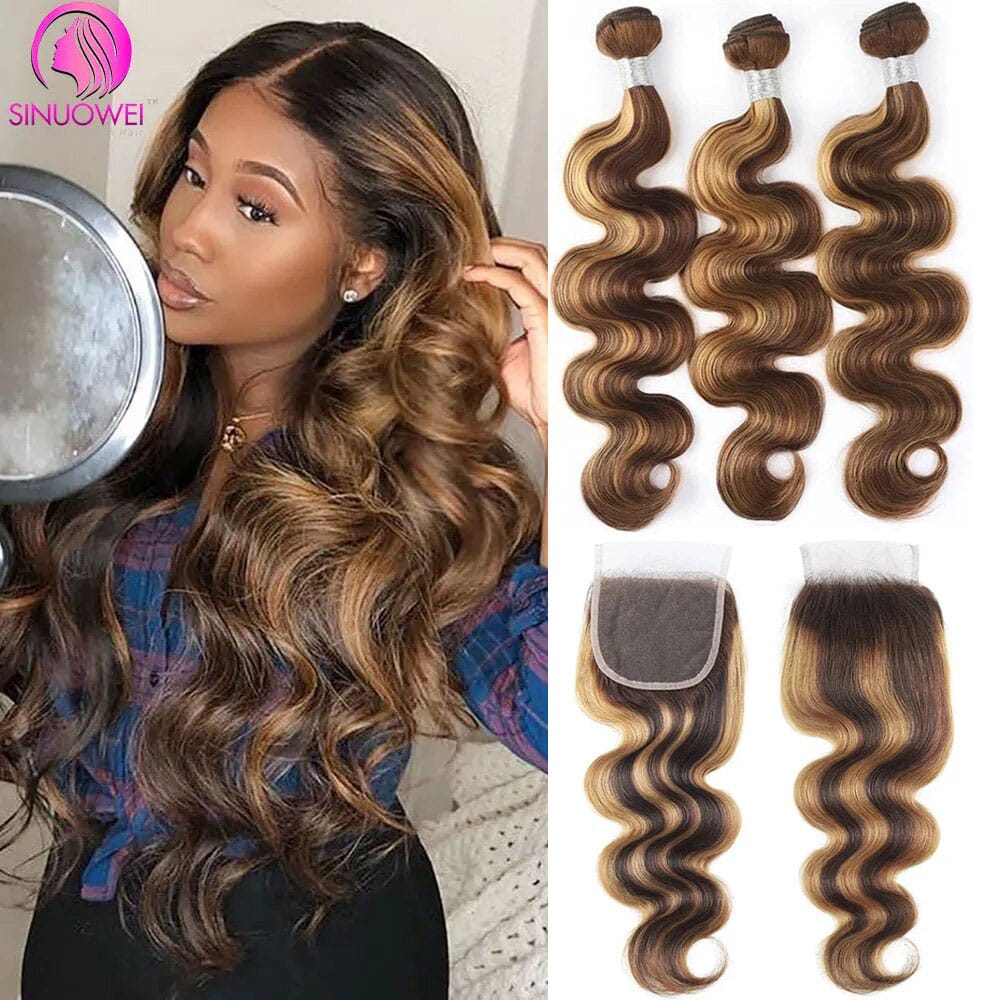 13×4 Brazilian Body Wave Human Hair Honey Blonde Body Wave Bundles With Closure Colored Highlight Weave Bundles