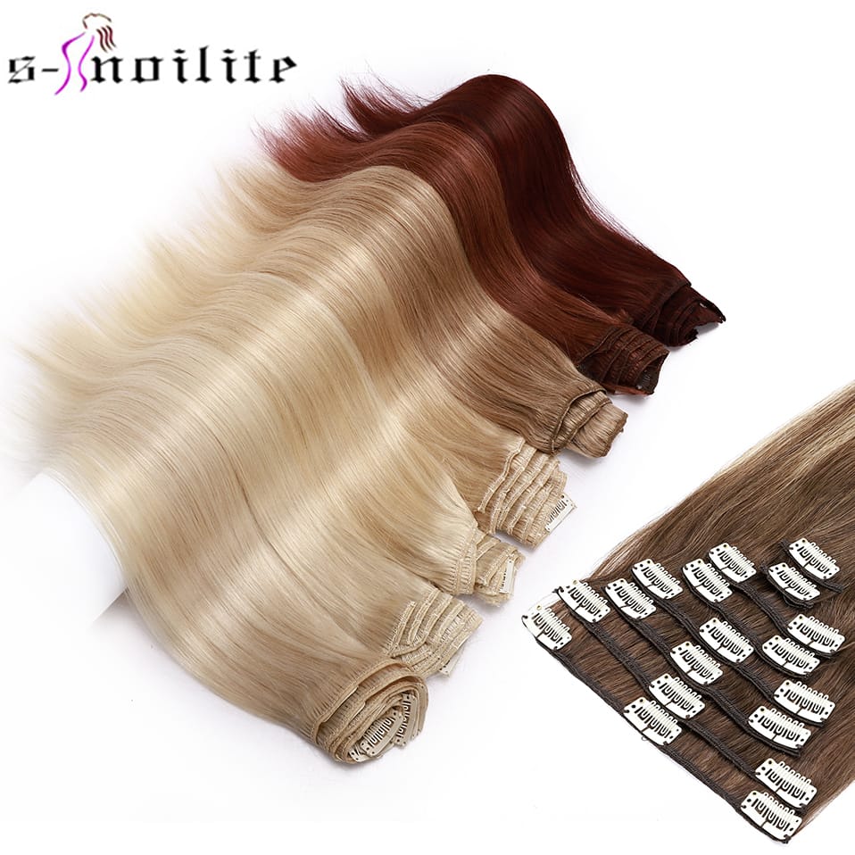 S-noilite 50g-80g 10"-24" Natural Hair Extension Human Hair Non-Remy 8Pcs Full Head Hairpiece Ombre Highlight Hair Clip For Hair