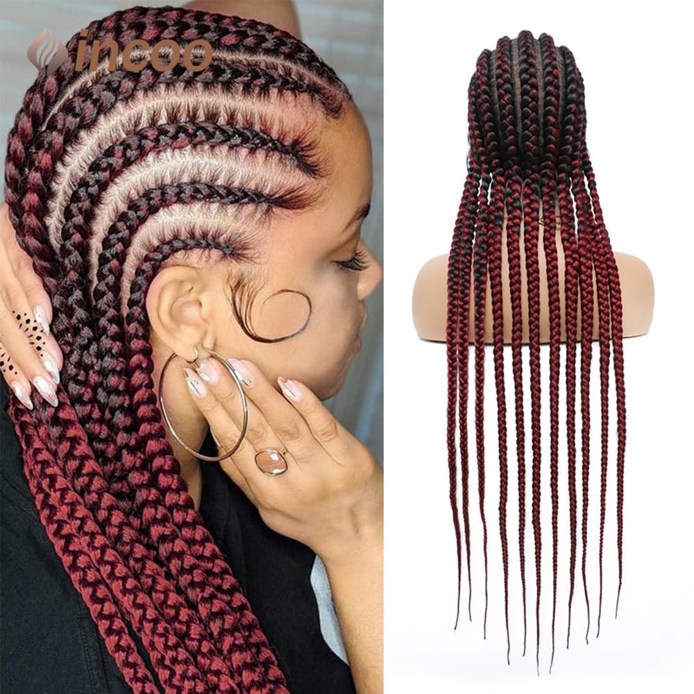 36Inch Synthetic Full Lace Braided Wigs Jumbo Knotless Braided Wigs For Blace Women Black Mix Burgundy Briaded Wigs Ombre Hair