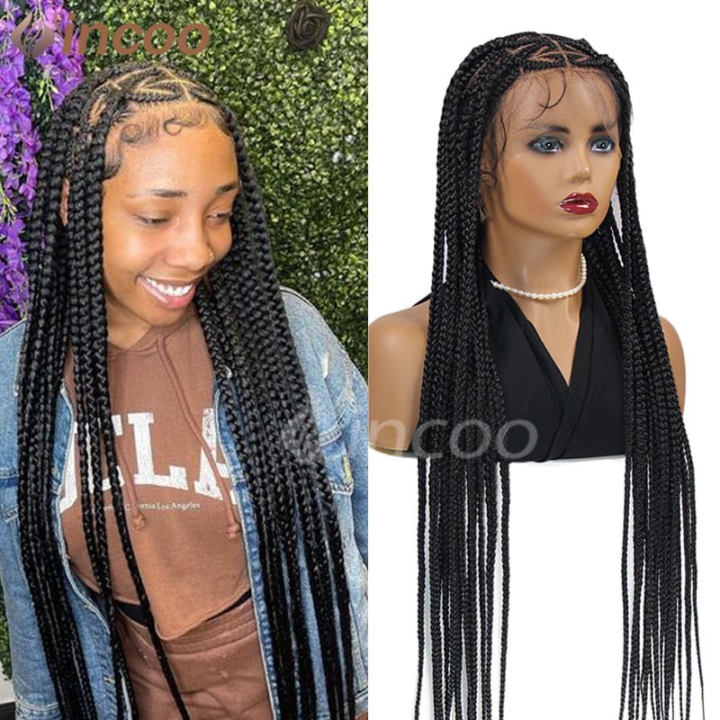 Synthetic Full Lace Wig Jumbo Braided Wigs Heart Shaped Knotless Box Wig Braid 36 Inches Braiding Hair Knotless Box Braids Wig