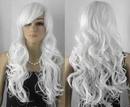 New Fashion Lolita White Long Curly Wavy Cosplay Anime Hair Wigs