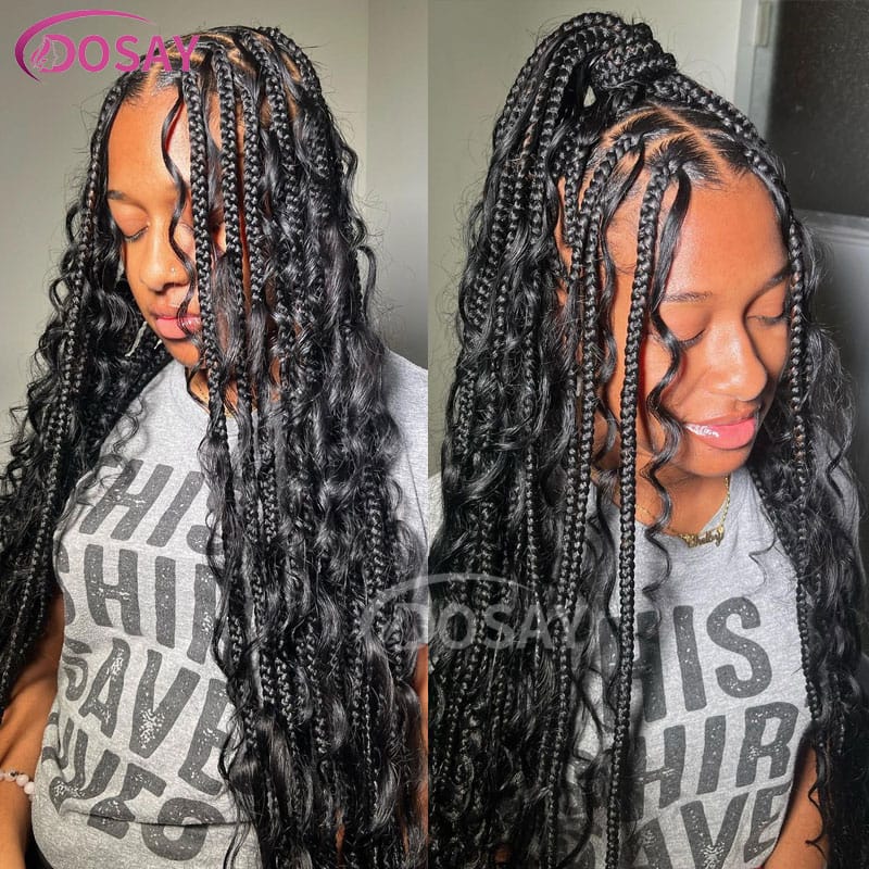 Bohemian Box Braids Wigs With Curly Hair Synthetic Box Braid Full Lace Frontal Wigs Goddess Locs Braided Wigs Burgundy Hair 32"
