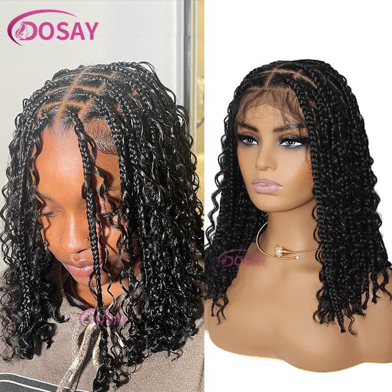 Synthetic Bohemian Knotless Curly Braided Wigs 12 Inch Short Bob 360 Full Lace Braids Wig Goddess Box Wig Pre-Pluck Baby Hair