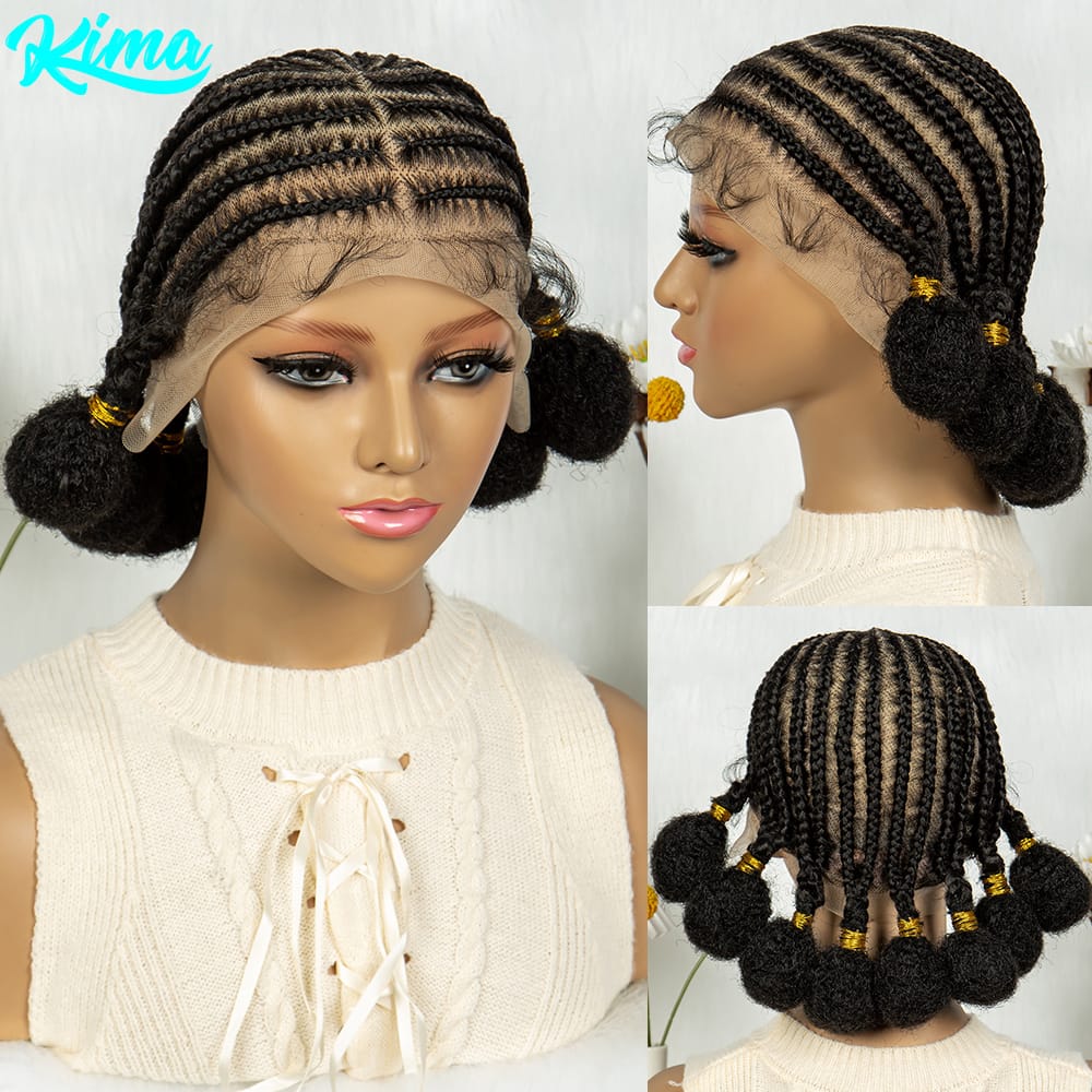 Kima Synthetic Full Lace Braided Wigs Bantu Cornrow Braids Wig Bubble Braids with Baby Hair for Black Women