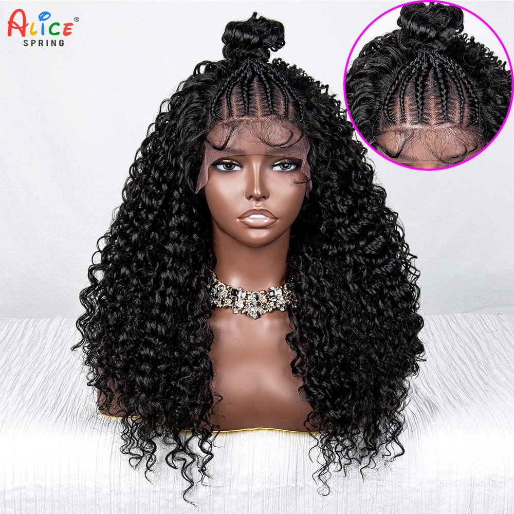 24inch Kinky Curly Synthetic Lace Front Braided Wigs with Buns For Black Women 13x4 Transparent Curly Braids Wig With Baby Hair