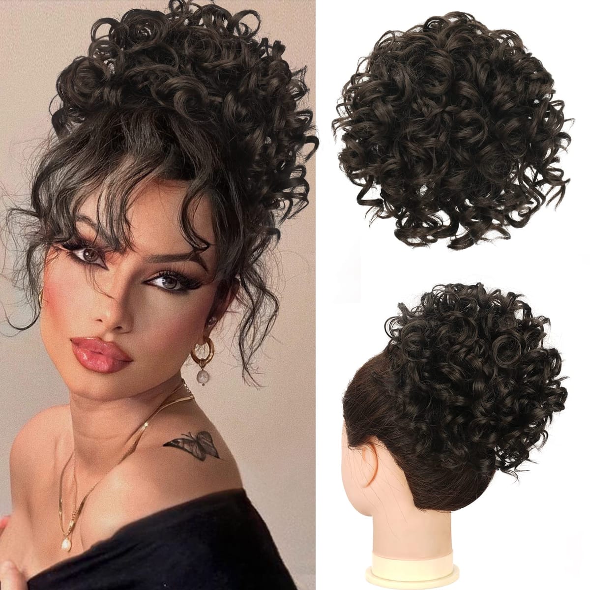 Messy Hair Bun Elastic Drawstring Loose Wave Curly Ponytail Extension Synthetic Hair Chignon For Women Daily Use Dark Brown