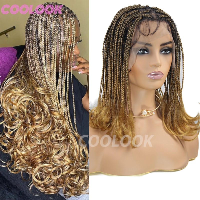 French Curl Braided Wig Box Braided Wigs For Black Women Crochet Hair Cornrow Ombre Blonde African Synthetic Short Braiding Wig