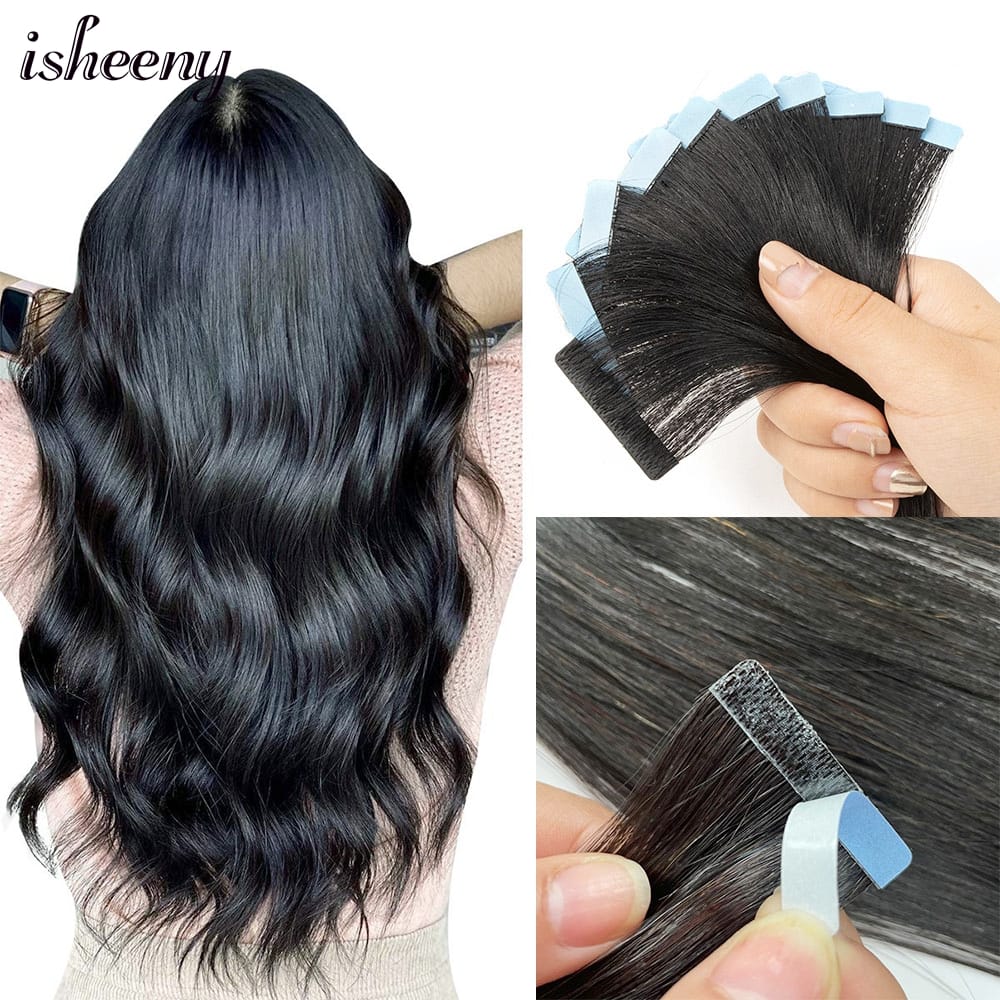 Isheeny 12" 16" 20" PU Skin Weft Tape Hair Extensions 10pcs Invisible Tape In Hair Extensions Straight Machine Remy Human Hair