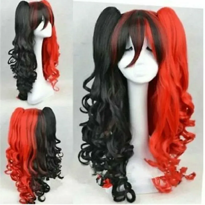 Harajuku New Harley Quinn Lolita Black & red curly hair cosplay party synthetic wig For Women’s Christmas Halloween Costume Wigs