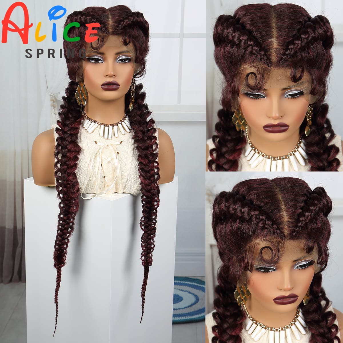 36Inch Synthetic Lace Braided Wig Burgundy Twisted Braids Wig Transparent Lace Front Braided Wigs for Black Women with Baby Hair