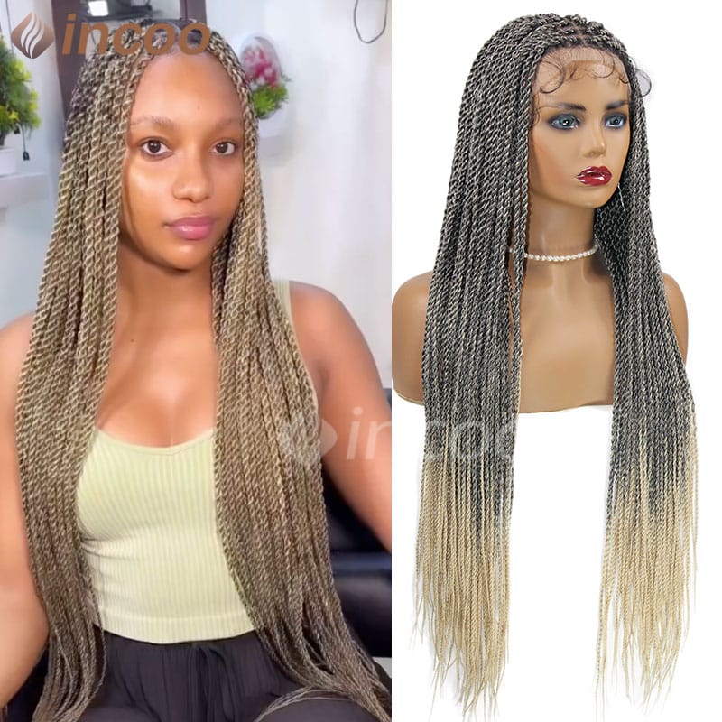 Synthetic Senegalese Twist Braided Full Lace Wigs 26" 36" Lace Frontal Wigs Baby Hair Faux Locs Wig 1B 613 Brown Box Braids Wig