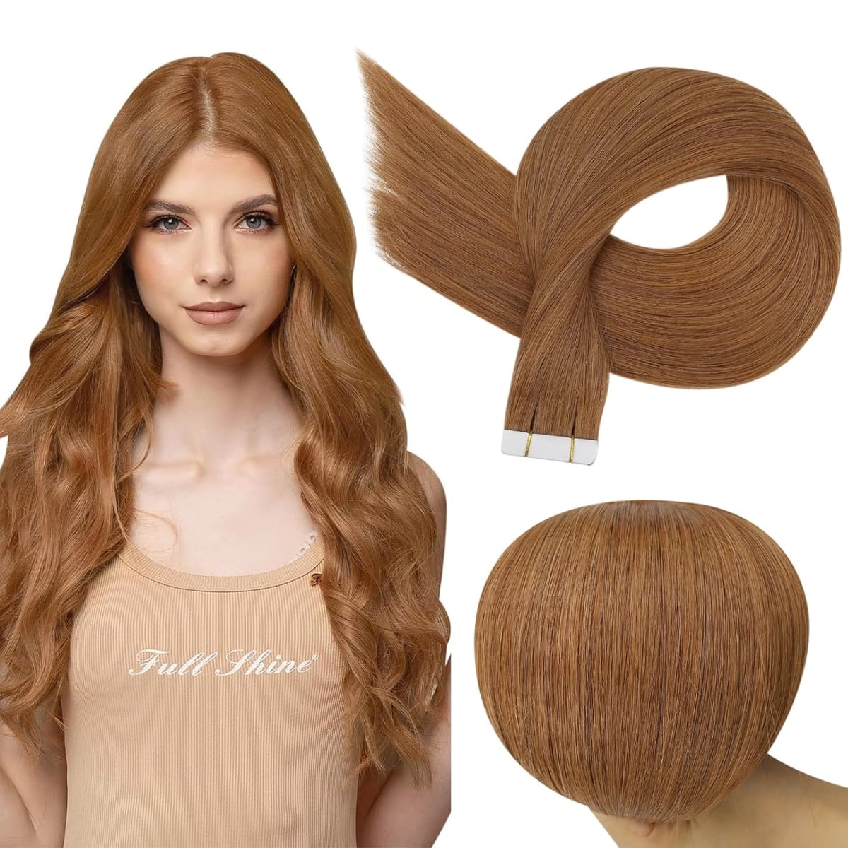 Full Shine Tape in Human Hair Extensions Invisible Straight Double Sided #330Copper Comfortable Silky Natural Tape ins For Women