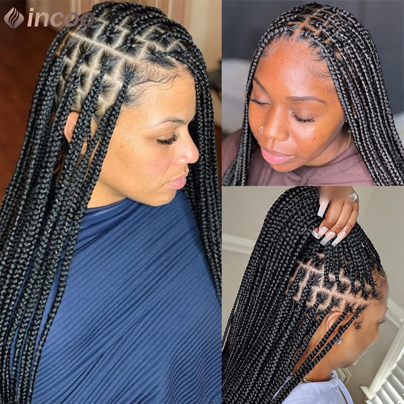 Box Braided Wigs Synthetic 36" Full Lace Front Wigs for Black Woman Cornrow Knotless Braided Wigs African Square Hair Wigs