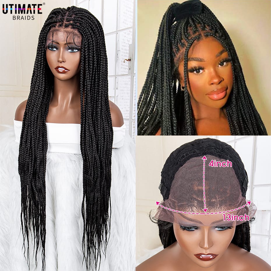 Synthetic Knotless Braided Wigs 13x4 Lace Frontal 32 Inches Afro Women Box Braiding Hair Wigs Black Daily Use