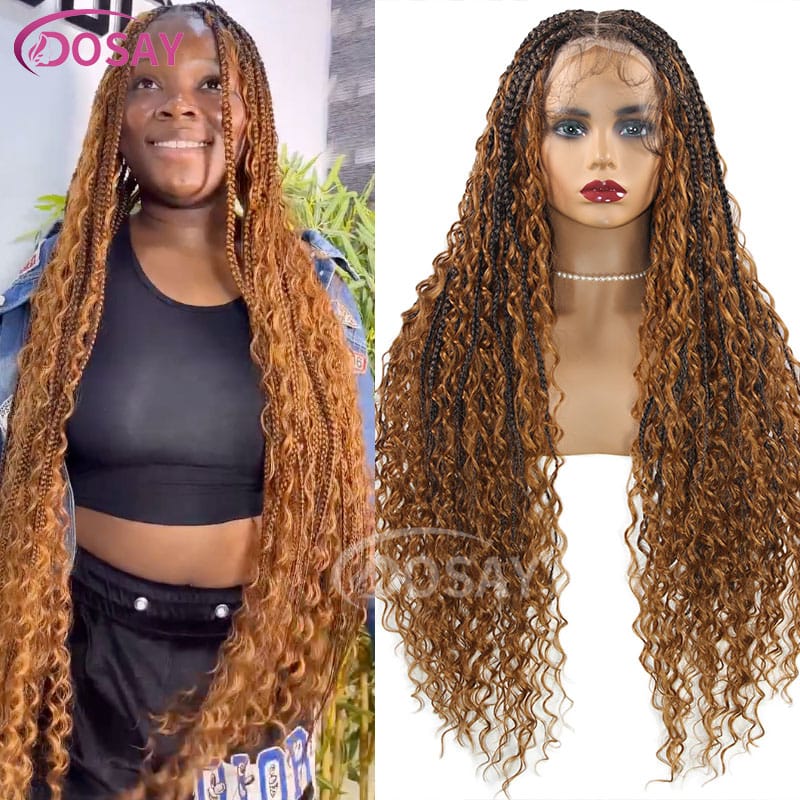 Blonde Bohemia Box Braided Wigs 32" Full Lace Deep Wave Braided Wig With Baby Hair Synthetic Lace Square Part Braid Wig Burgundy