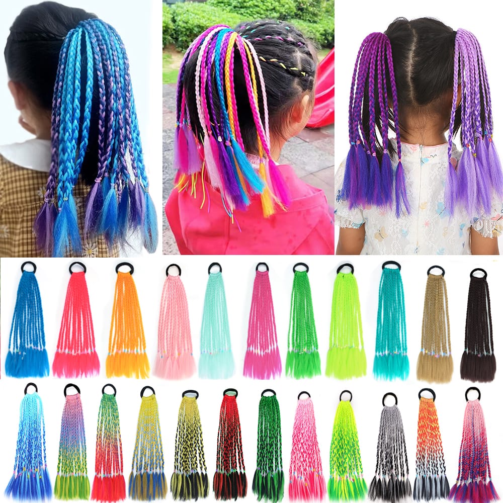 Colored Short Box Braided Ponytail For Girls With Elastic Hair Band Rubber Band Hair Accessories Wig Headband Kids Hairpiece