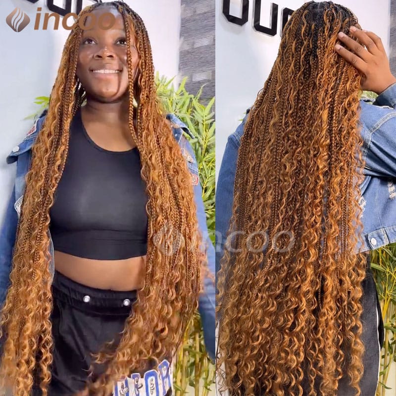 Blonde Bohemia Box Braided Wigs Synthetic 32" Full Lace Deep Wave Braided Wig With Baby Hair Lace Square Part Braid Wig Burgundy