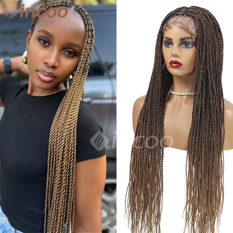 Synthetic 36 Inch Ombre Senegalese Twist Braided Wig Full Lace Faux Locs Wig Black Lace Front Braiding Hair Wig With Baby Hair