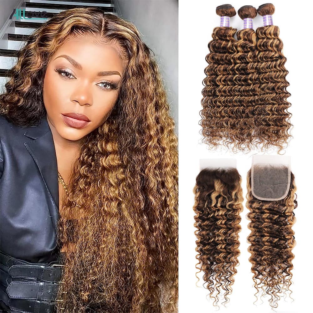 Allove Highlight Bundles With Closure Deep Wave Human Hair Bundles With 4x4 Transparent Lace Closure Ombre Honey Brown Remy Hair