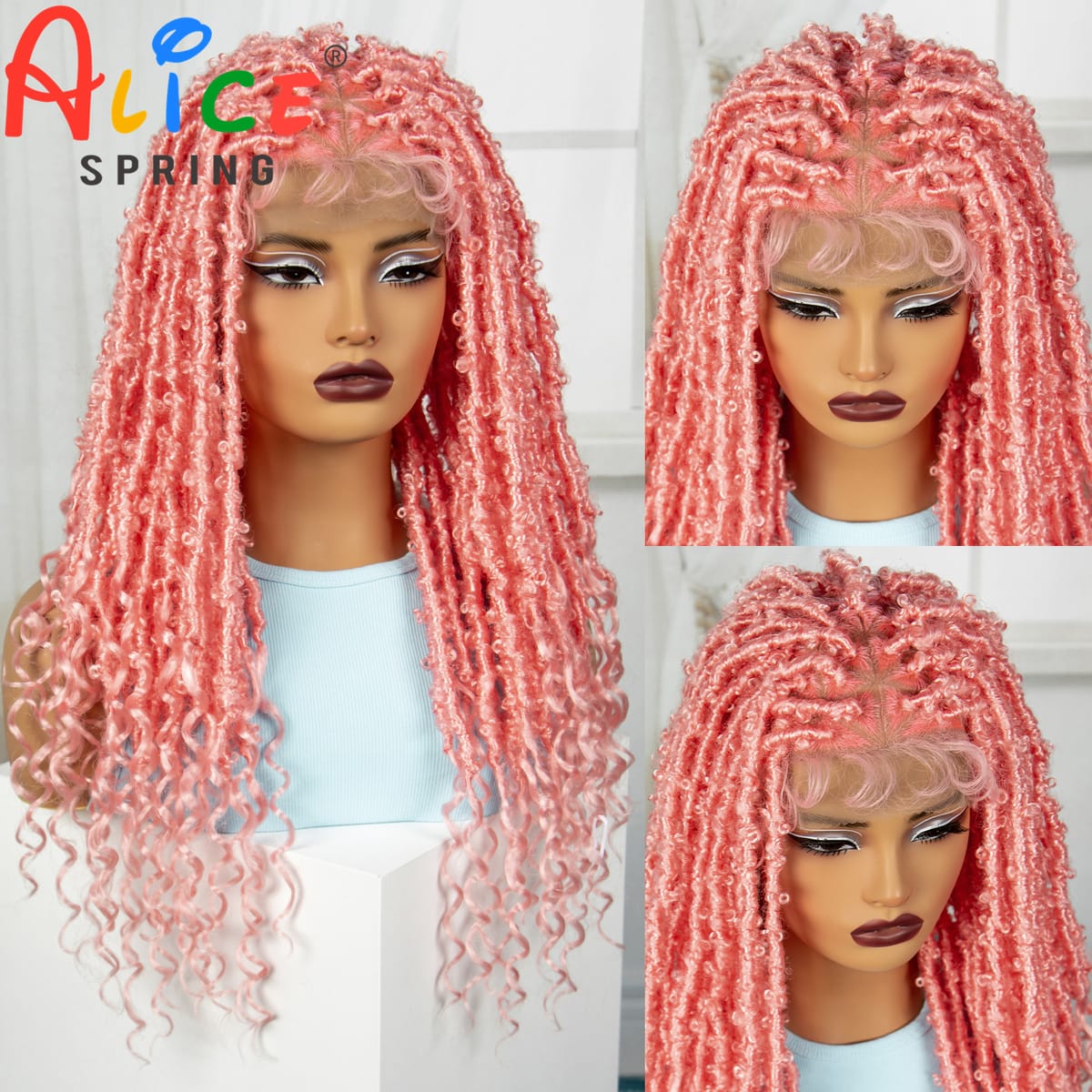 22 Inch Pink Synthetic Braided Wigs Transparent Full Lace Braided Wigs with Curly Ends Knotless Box Braids Wigs with Baby Hair