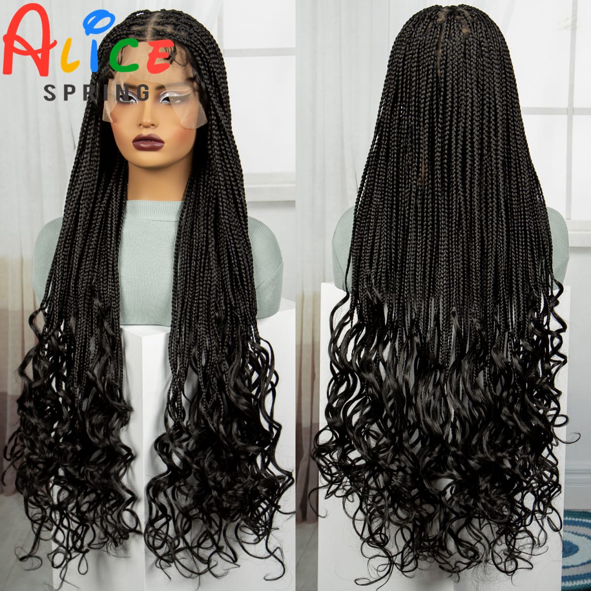 Natural Synthetic Full Lace Wigs 36 Inch Knotless Box Braided Wigs Curly Lace Front Braided Wigs for Black Women with Baby Hair