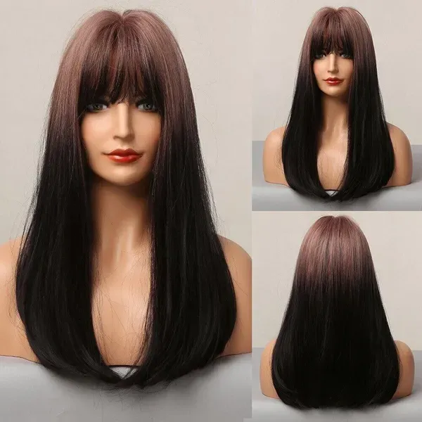 Long Ombre Brown Straight Synthetic Cosplay Bangs Party Hair wig Heat Resistant
