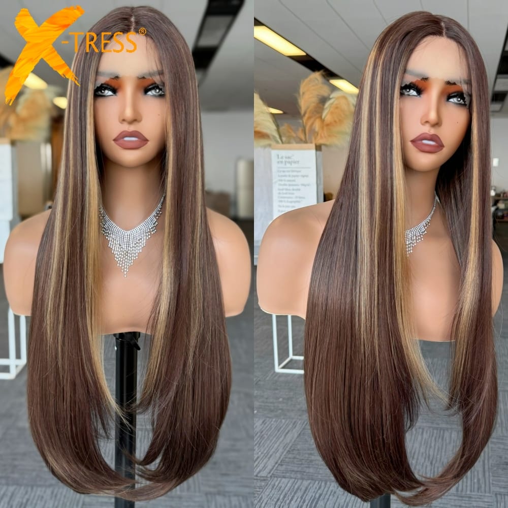 X-TRESS Highlight Brown Synthetic Lace Front Wig Pre Plucked 32Inch Long Straight Synthetic Wig with Baby Hair for Women Fashion