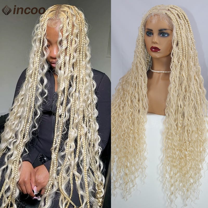 613 Blonde Bohemian Box Braids Wigs Full Lace Front Wigs Knotless Braided With Curly Synthetic Hair Wig Goddess Locs Braided Wig