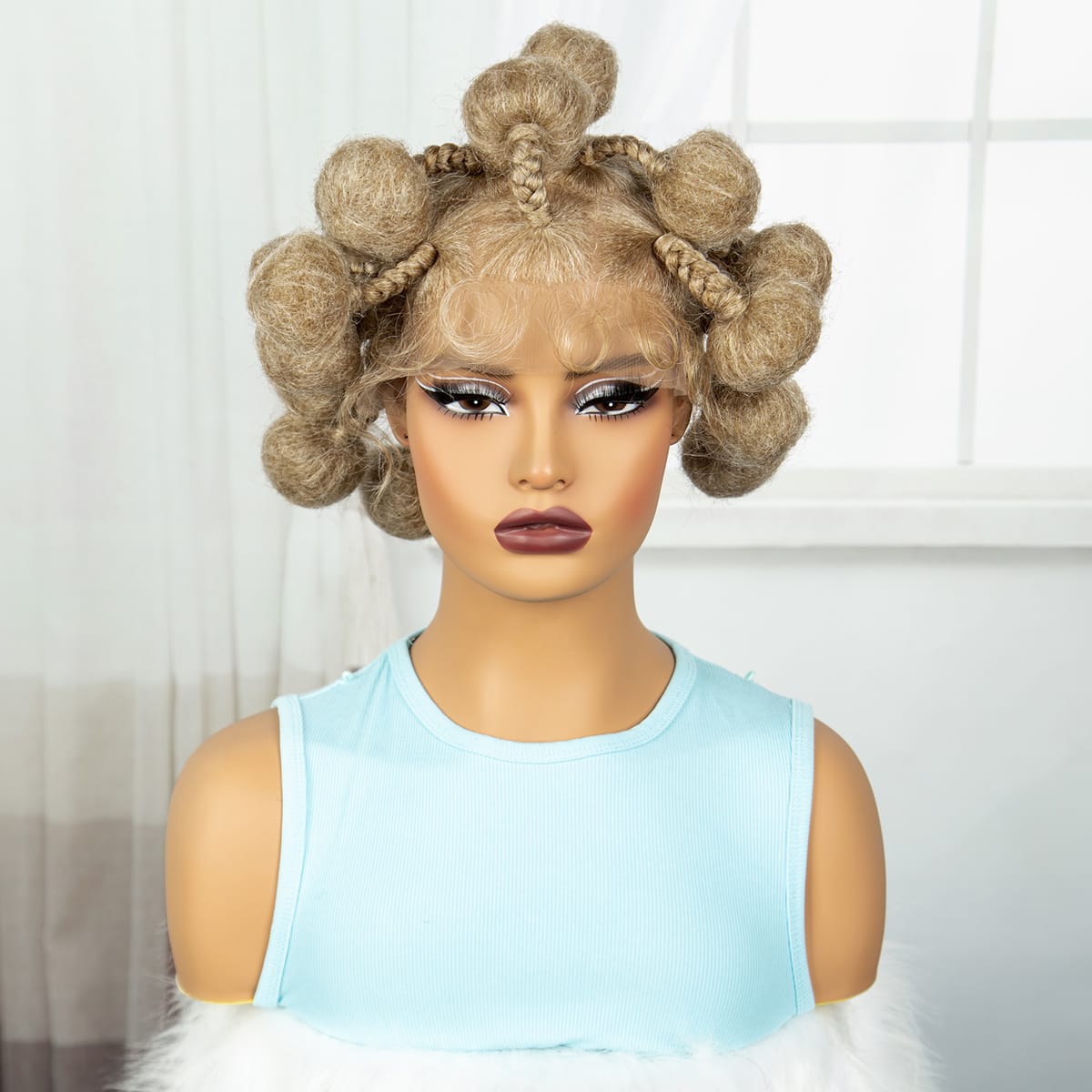 Blonde Full Lace Bantu Braided Wigs Synthetic Lace Front Kontless Braiding Hair Wig Blonde Short Cute Handmade Braided Lace Wigs