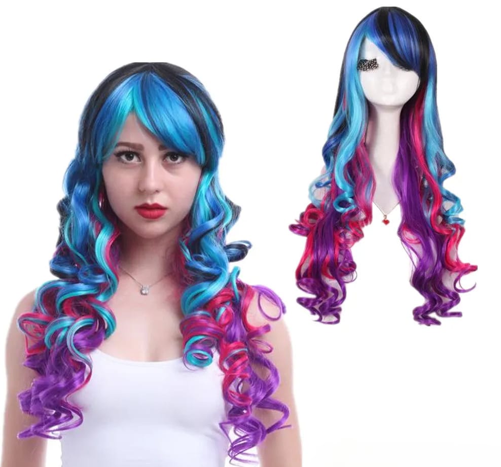 Harajuku Lolita Women Multi-Color Blue & Pink Wavy Curly Bangs Rainbow Cosplay Hair Wig