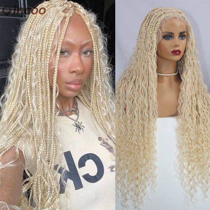 32 Inch Lace Front Box Braided Wigs Goddess Locs Boho Curls Synthetic Knotless Cornrow Braids Wig With Baby Hair For Black Women