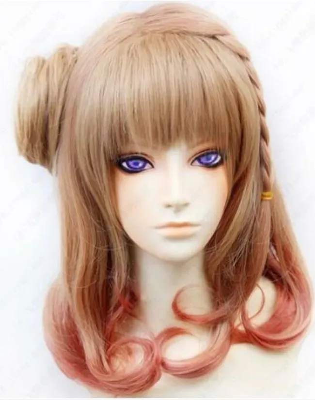 New long Medium brown mix pink Party Braided Styled Hair Wig