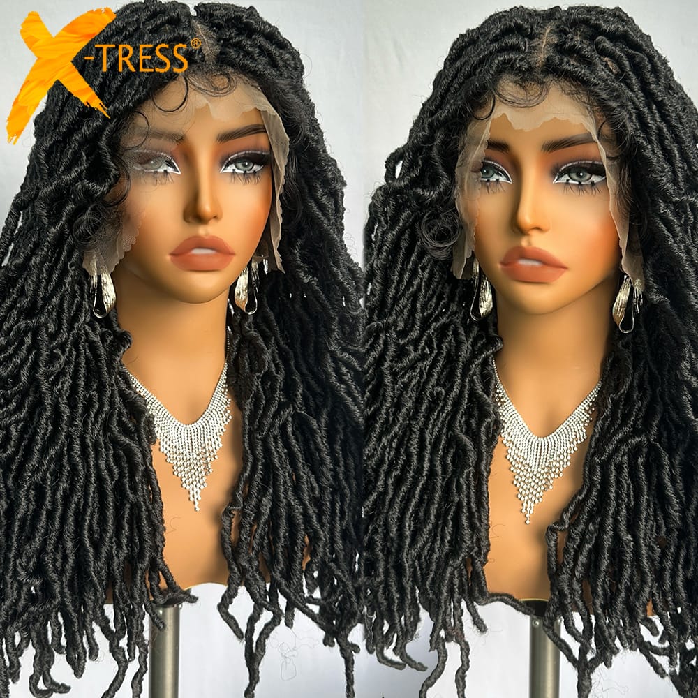 X-TRESS Black Color Dreadlocks Crochet Braids Hair Synthetic 24" Faux Locs Braided Wig Full Lace Wigs with Baby Hair for Women