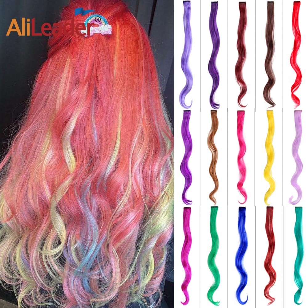 Synthetic 20" Body Wave Hair Extension Curly Clip On Hair Accessories Wavy Clip-in One Piece Rainbow High Wig 50cm Red Blue Pink